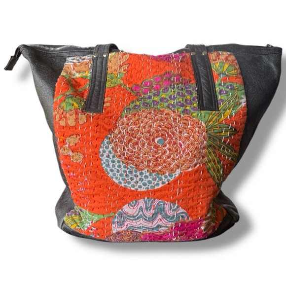Pele Che Coco Distressed Leather Bag With Kuntha Fabric Panels